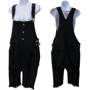 Plus Size Distressed Denim Shortalls 2X Black Stretch Y2k Grunge Streetwear